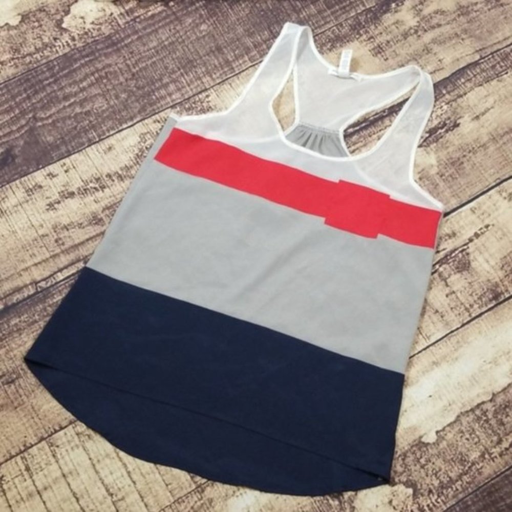 Ambiance Apparel | Gray, Navy & Pink Color Block Sheer Racerback Tank | Size M